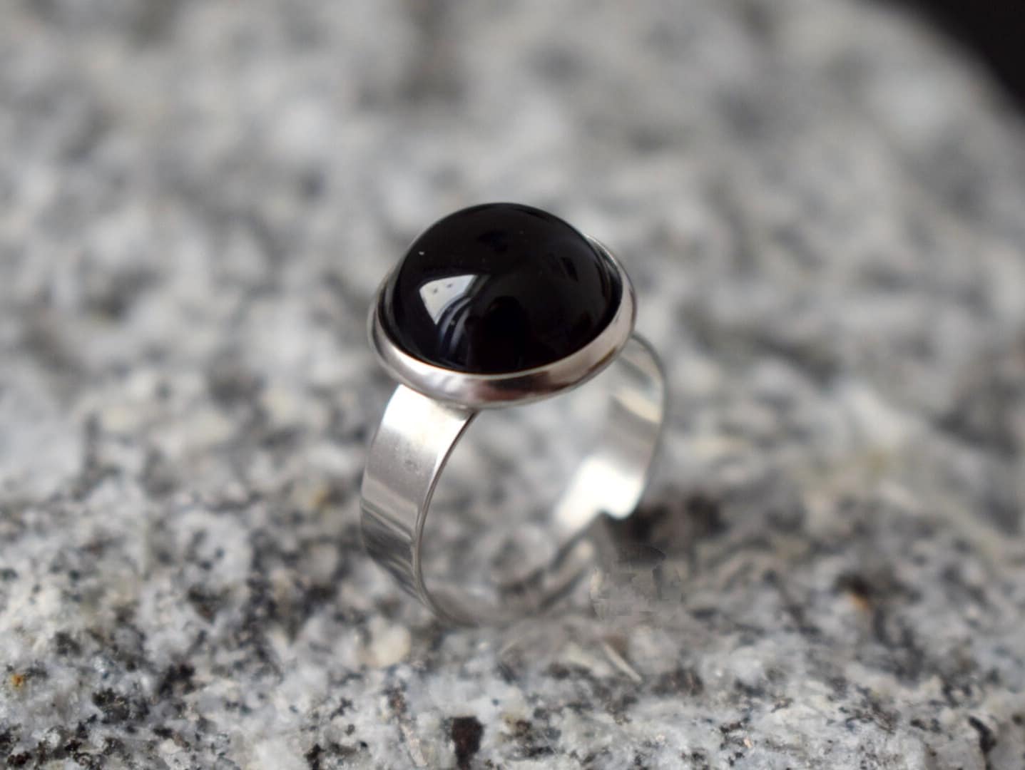 Black agate round ring, Small black gemstone adjustable ring, Everyday stone ring, Boho jewelry, Gift for her