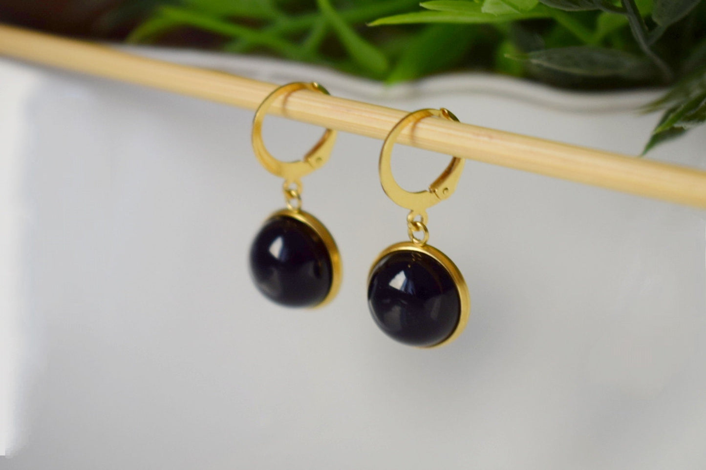 Black agate gold earrings, Black gemstone dangle drop lever back hoop earrings, 8mm black stone hanging earrings, Agate handmade jewelry