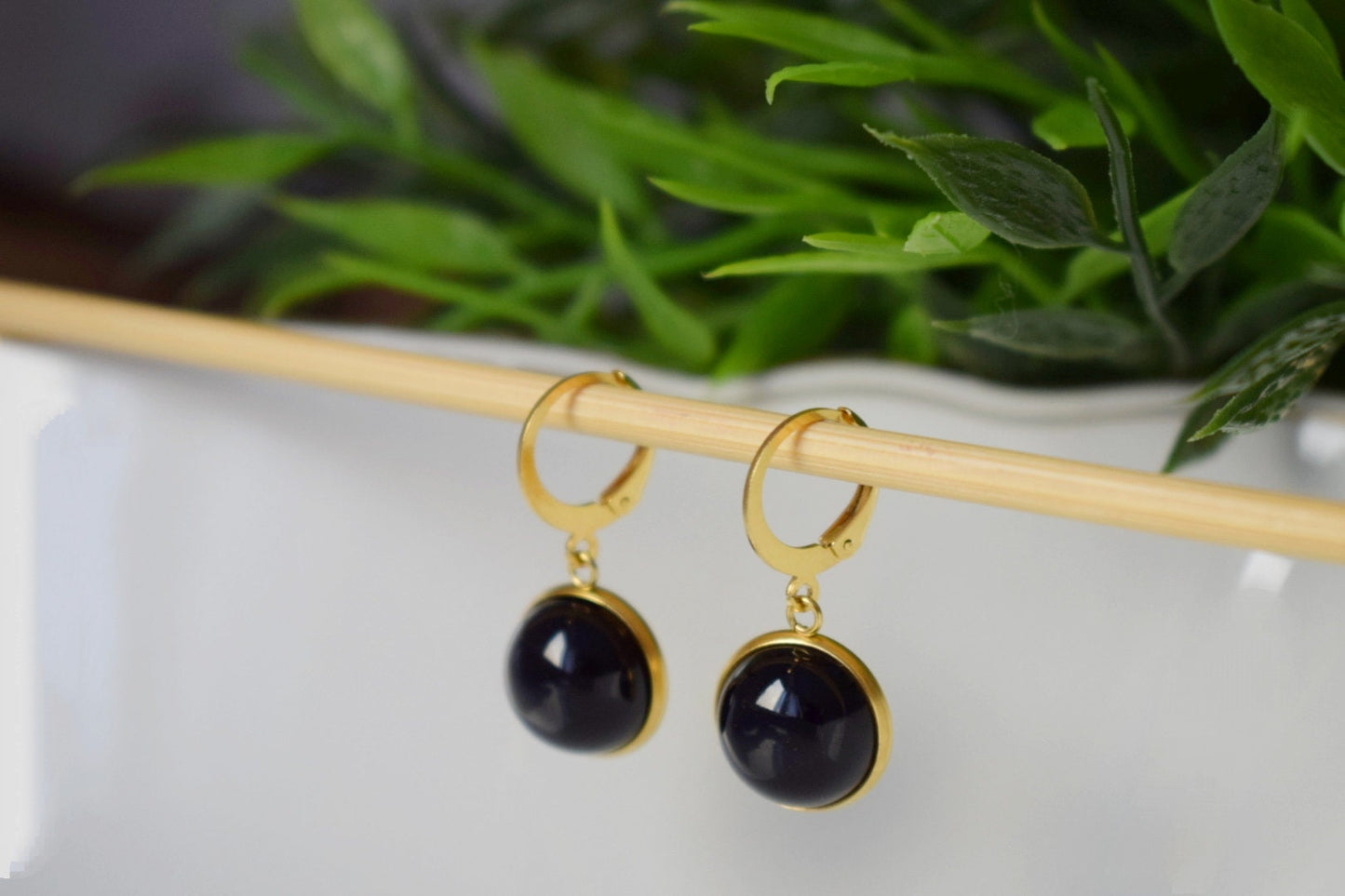 Black agate gold earrings, Black gemstone dangle drop lever back hoop earrings, 8mm black stone hanging earrings, Agate handmade jewelry