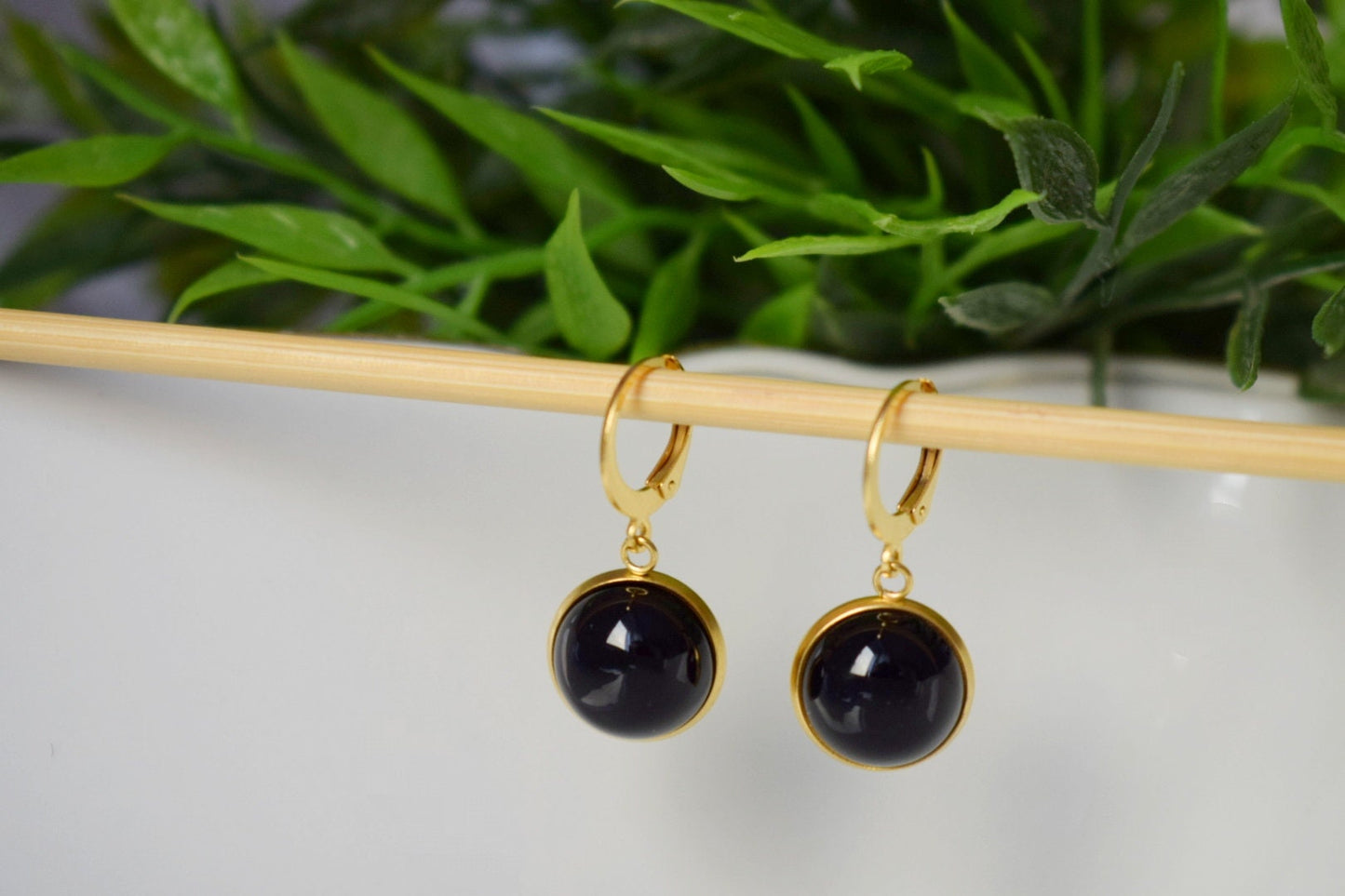Black agate gold earrings, Black gemstone dangle drop lever back hoop earrings, 8mm black stone hanging earrings, Agate handmade jewelry