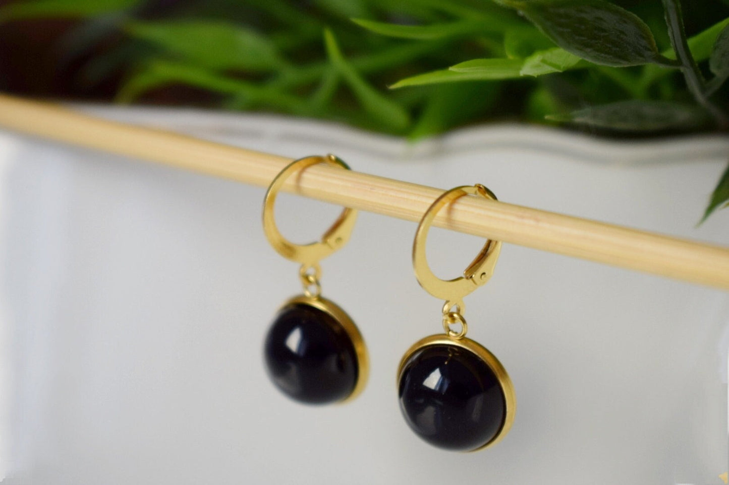 Black agate gold earrings, Black gemstone dangle drop lever back hoop earrings, 8mm black stone hanging earrings, Agate handmade jewelry