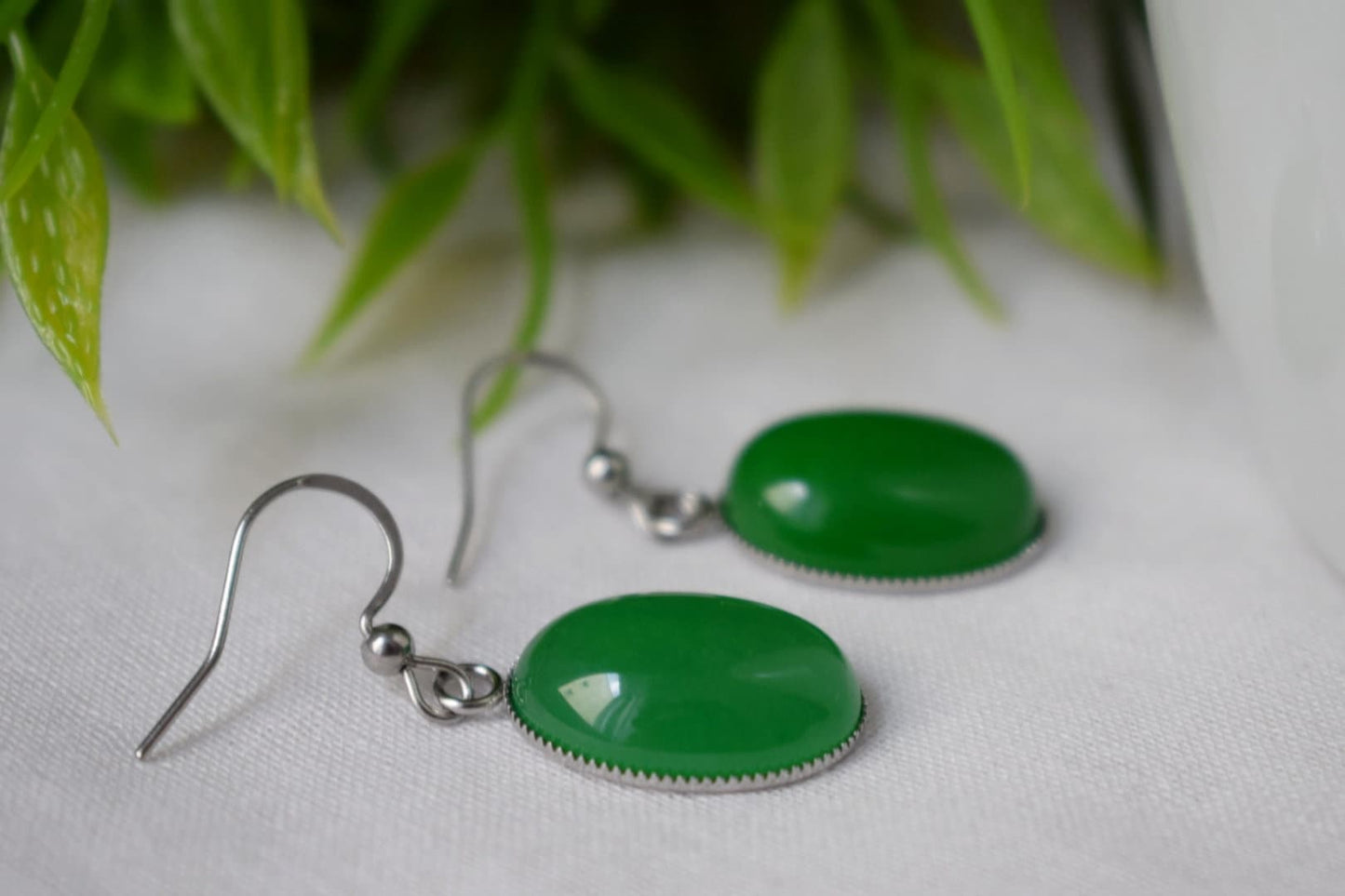 Green jade earrings, Oval gemstone dangle earrings, Green silver earrings, Stone hanging earrings, Green Jade, Jewelry gifts for women