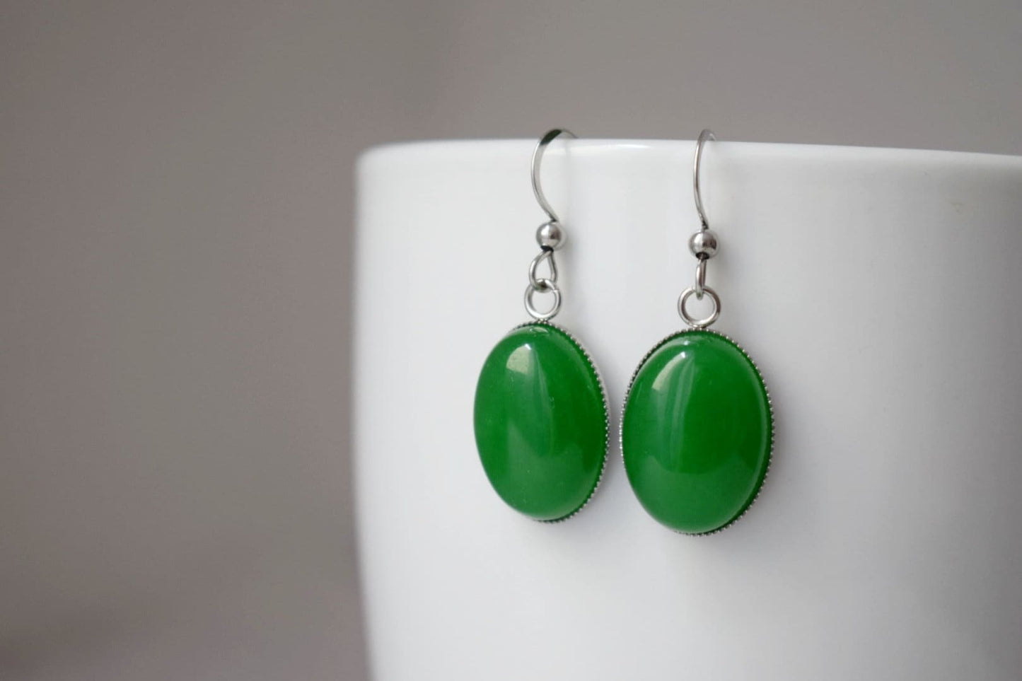 Green jade earrings, Oval gemstone dangle earrings, Green silver earrings, Stone hanging earrings, Green Jade, Jewelry gifts for women