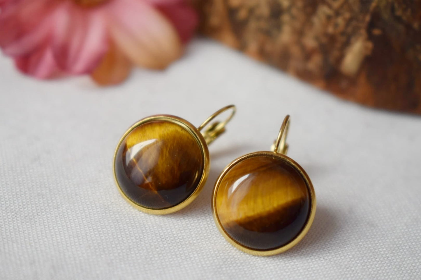 Tigers Eye Earrings for Women, 12mm, Tiger eye gemstone, Gold brown, Leverback, Chakra, Healing stone, Tiger's eye jewelry gift for her