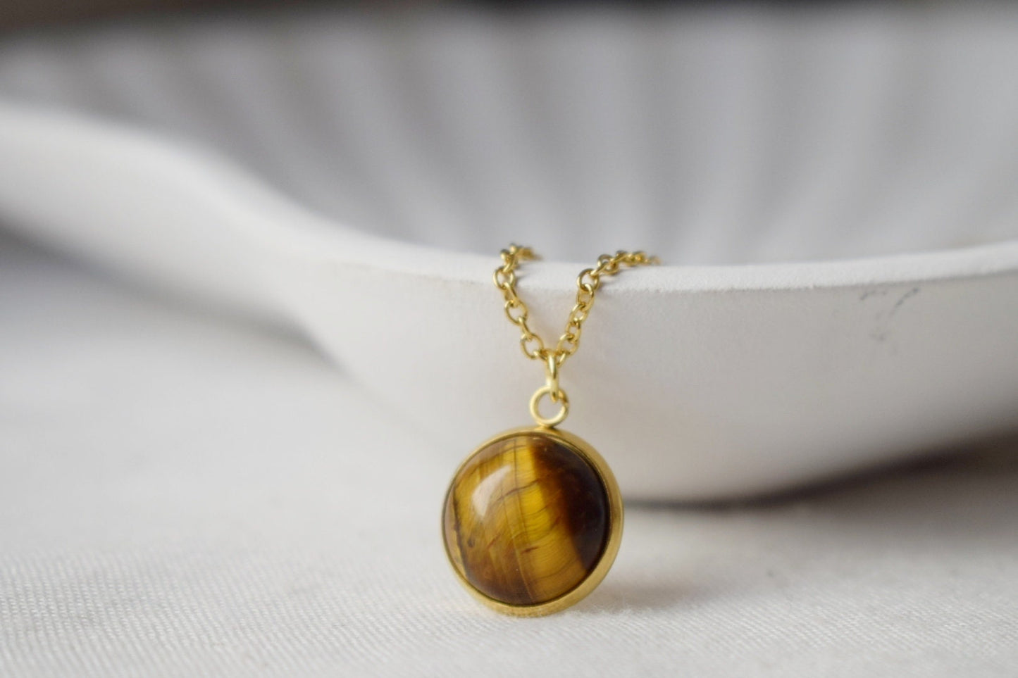 Tiger Eye Necklace Gold With Pendant For Women, Gemstone, Tigers Eye Jewelry, Round, Cabochon, Stainless Steel, Stone Necklace, Gift For Her