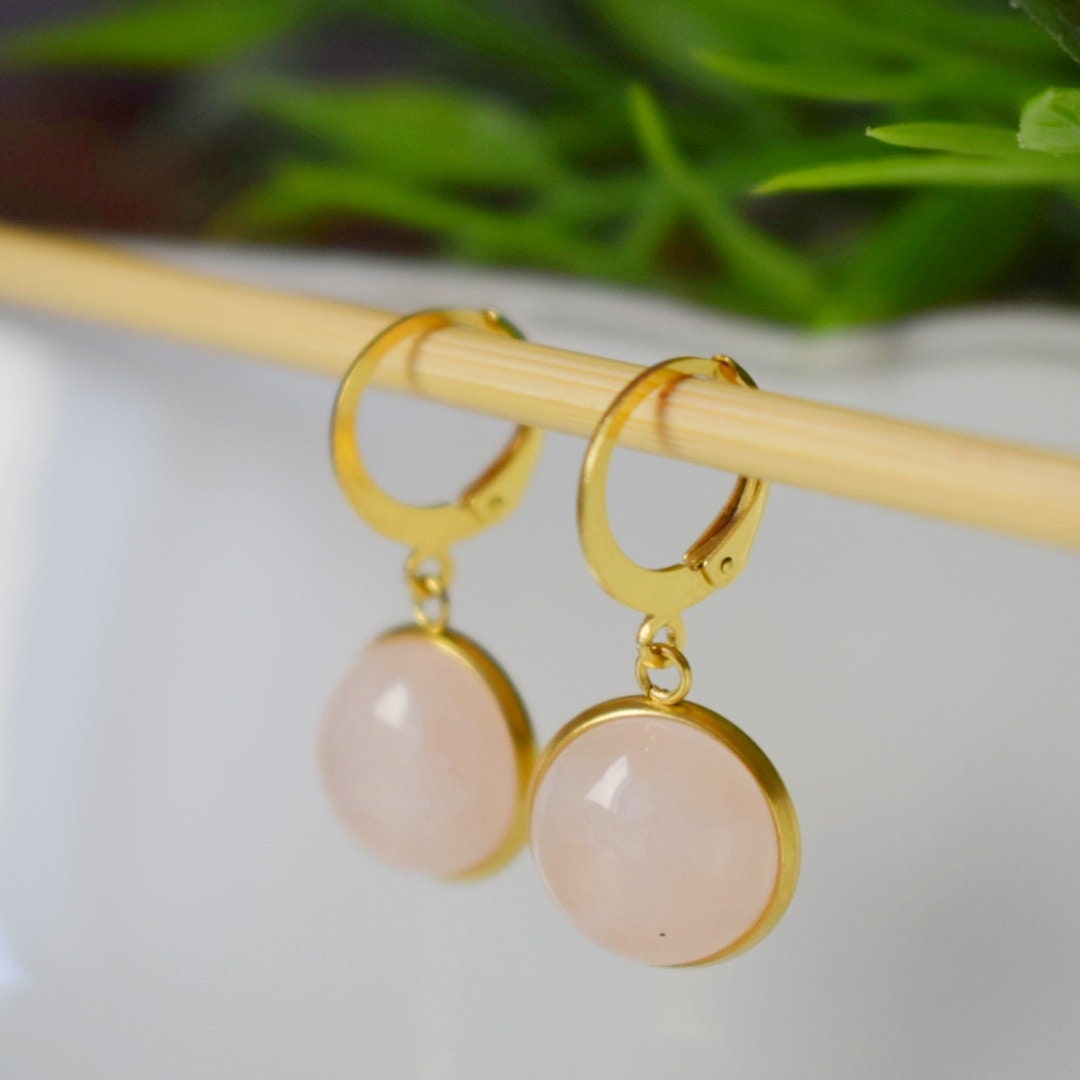 Rose quartz dangle earrings gold, Rose quartz hoop earrings, Gemstone, Pink, Natural stone, Round, Lever back, Jewelry gift for her