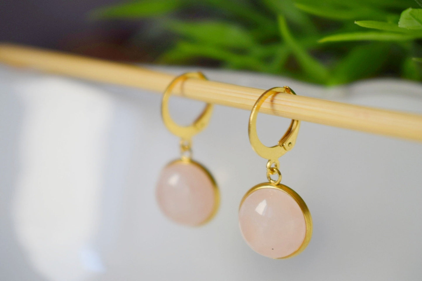 Rose quartz dangle earrings gold, Rose quartz hoop earrings, Gemstone, Pink, Natural stone, Round, Lever back, Jewelry gift for her