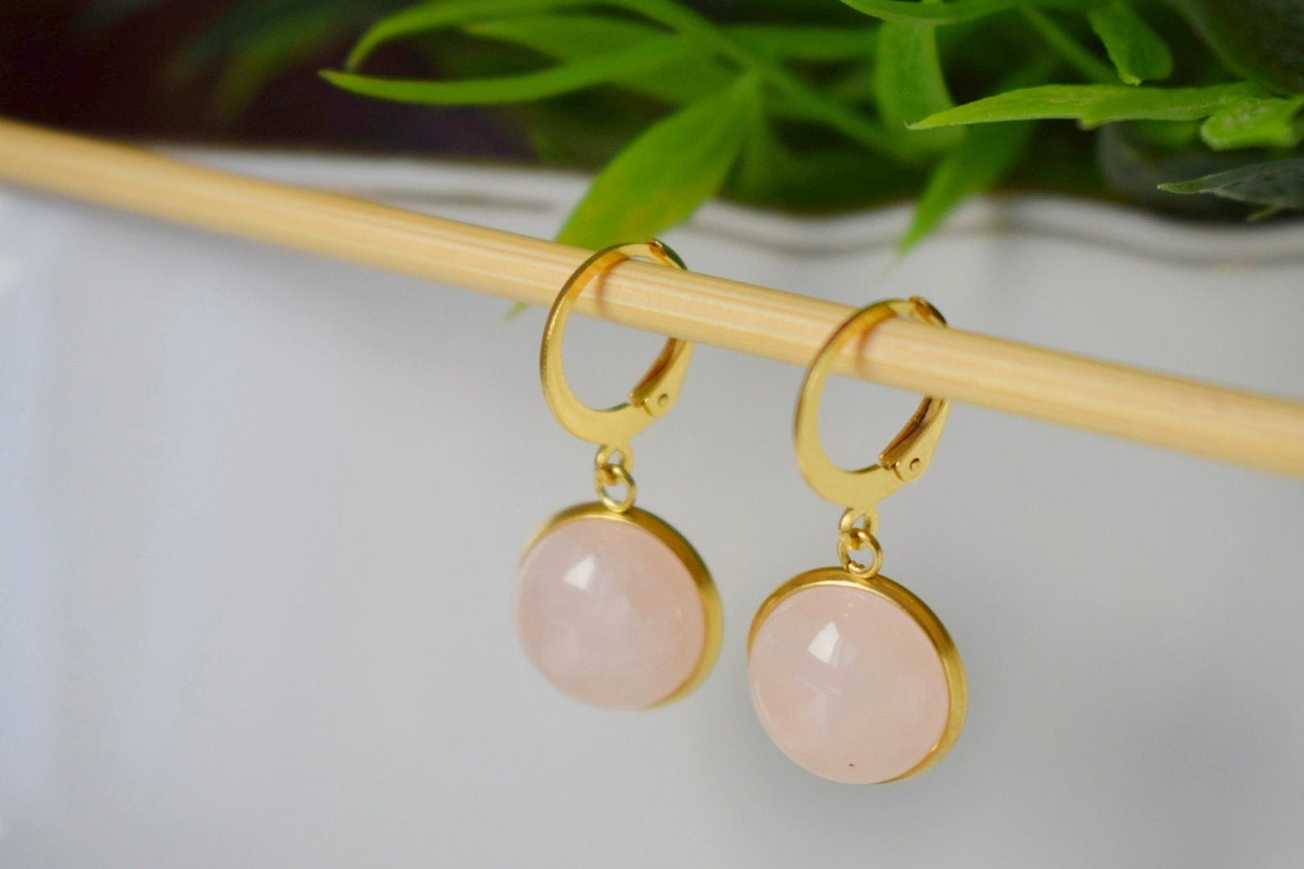 Rose quartz dangle earrings gold, Rose quartz hoop earrings, Gemstone, Pink, Natural stone, Round, Lever back, Jewelry gift for her