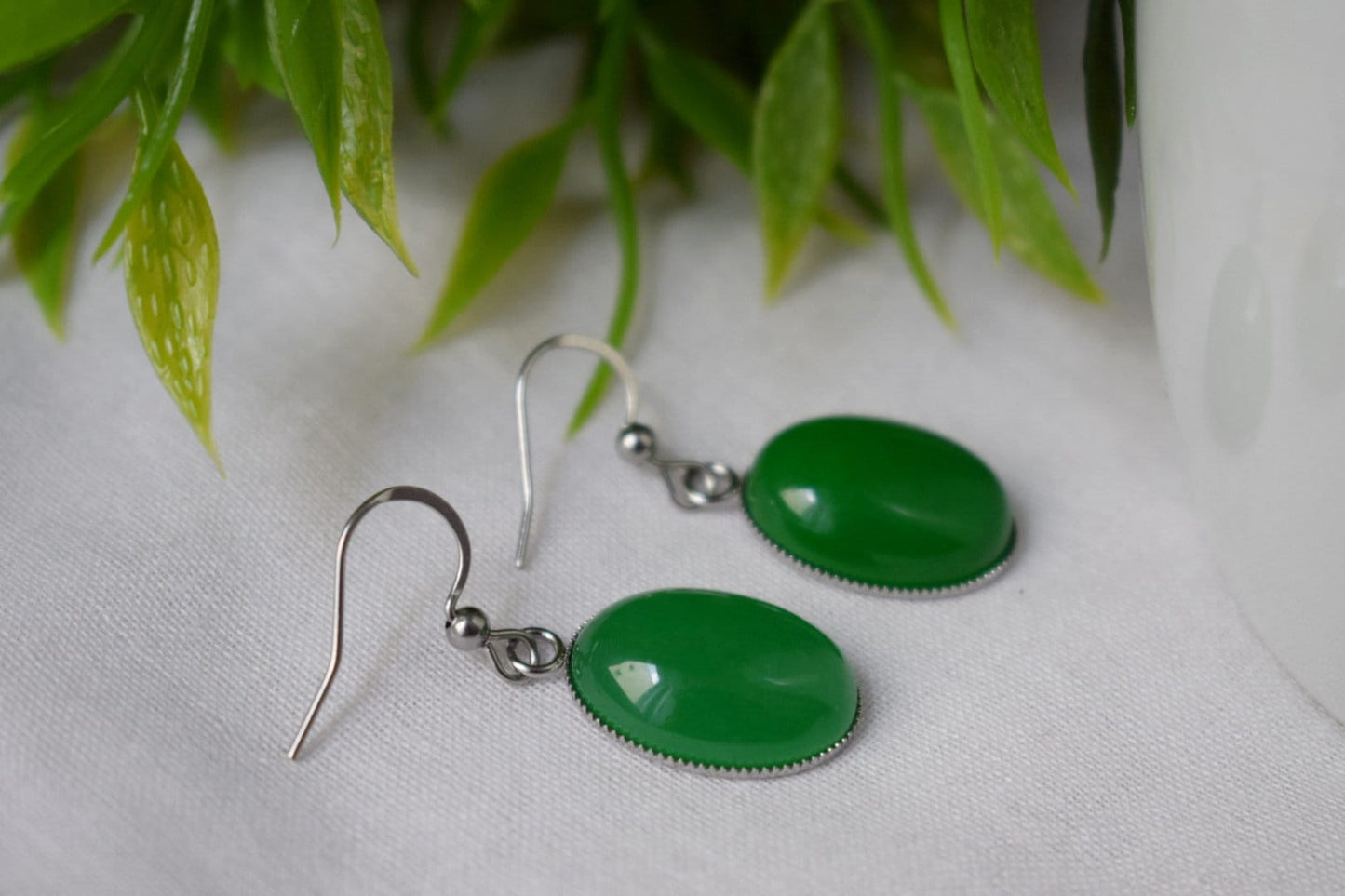 Green jade earrings, Oval gemstone dangle earrings, Green silver earrings, Stone hanging earrings, Green Jade, Jewelry gifts for women