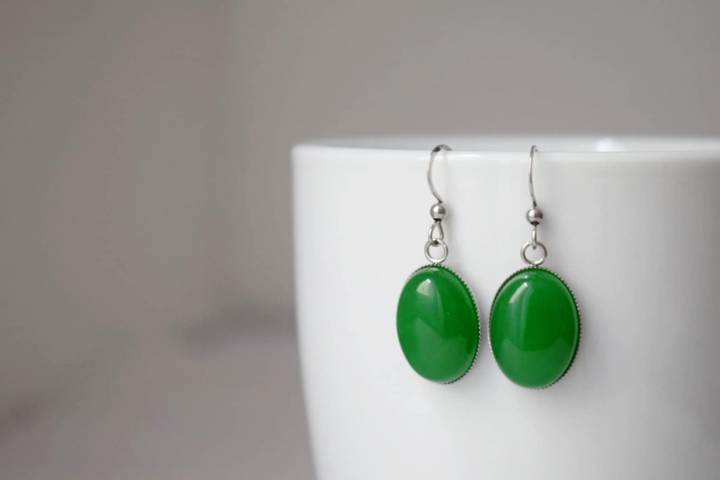 Green jade earrings, Oval gemstone dangle earrings, Green silver earrings, Stone hanging earrings, Green Jade, Jewelry gifts for women