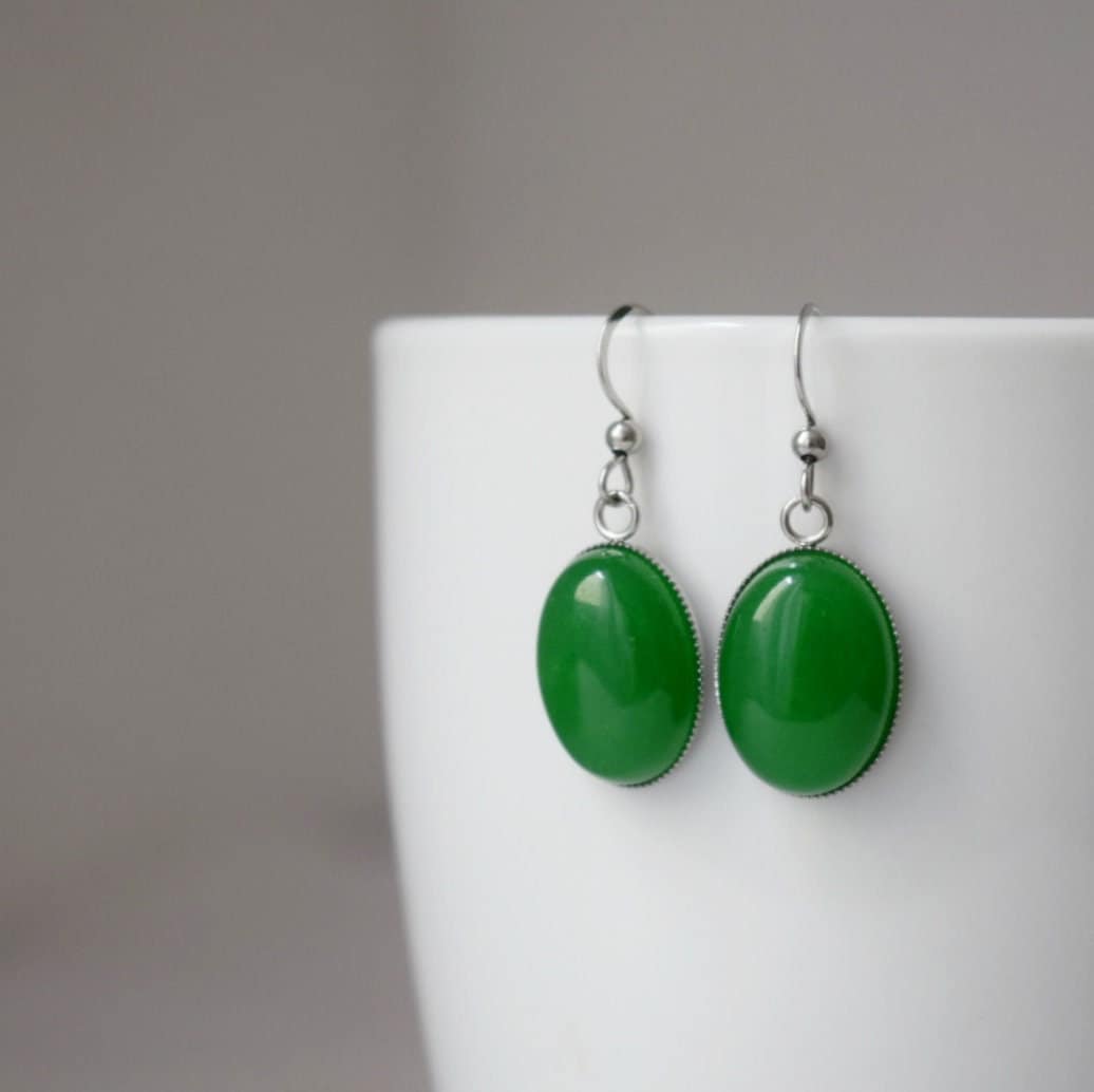 Green jade earrings, Oval gemstone dangle earrings, Green silver earrings, Stone hanging earrings, Green Jade, Jewelry gifts for women