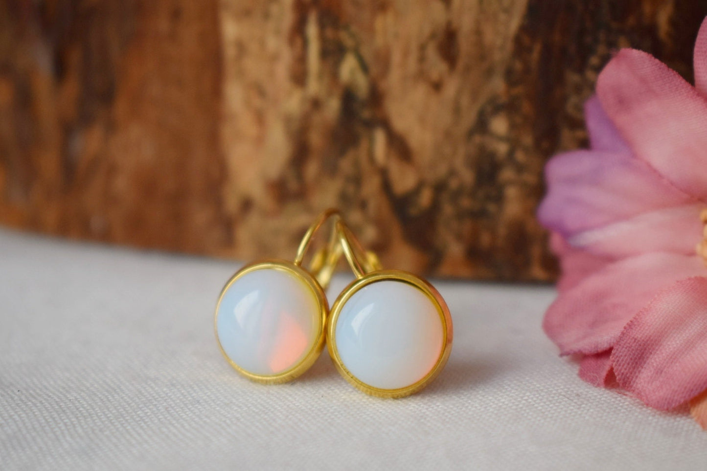 Opalite moonstone earrings, Rainbow gemstone dangle drop earrings, 18k gold plated stainless steel, Bridesmaid jewelry, Gift for her