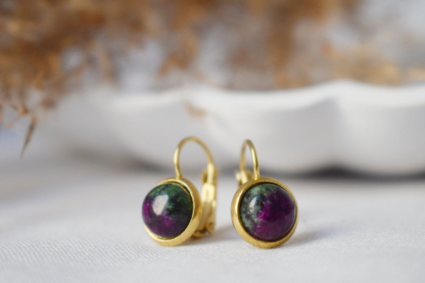 Small Ruby In Zoisite Gold Earrings, Gemstone Dangle Earrings, Lever back, Stone, Green, Pink, 8mm, Round, Ruby Fuchsite, Hanging earrings