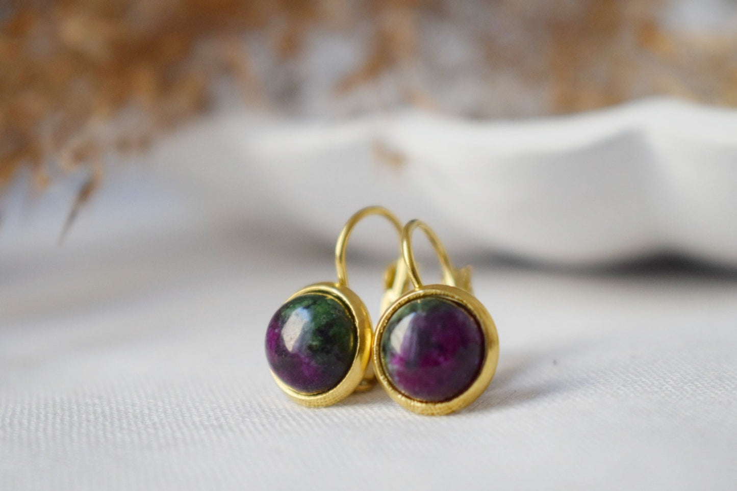 Small Ruby In Zoisite Gold Earrings, Gemstone Dangle Earrings, Lever back, Stone, Green, Pink, 8mm, Round, Ruby Fuchsite, Hanging earrings