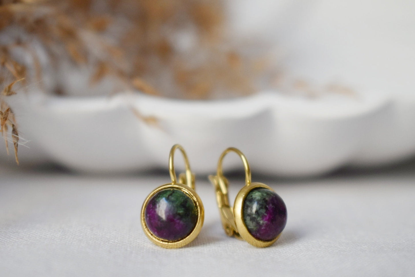 Small Ruby In Zoisite Gold Earrings, Gemstone Dangle Earrings, Lever back, Stone, Green, Pink, 8mm, Round, Ruby Fuchsite, Hanging earrings
