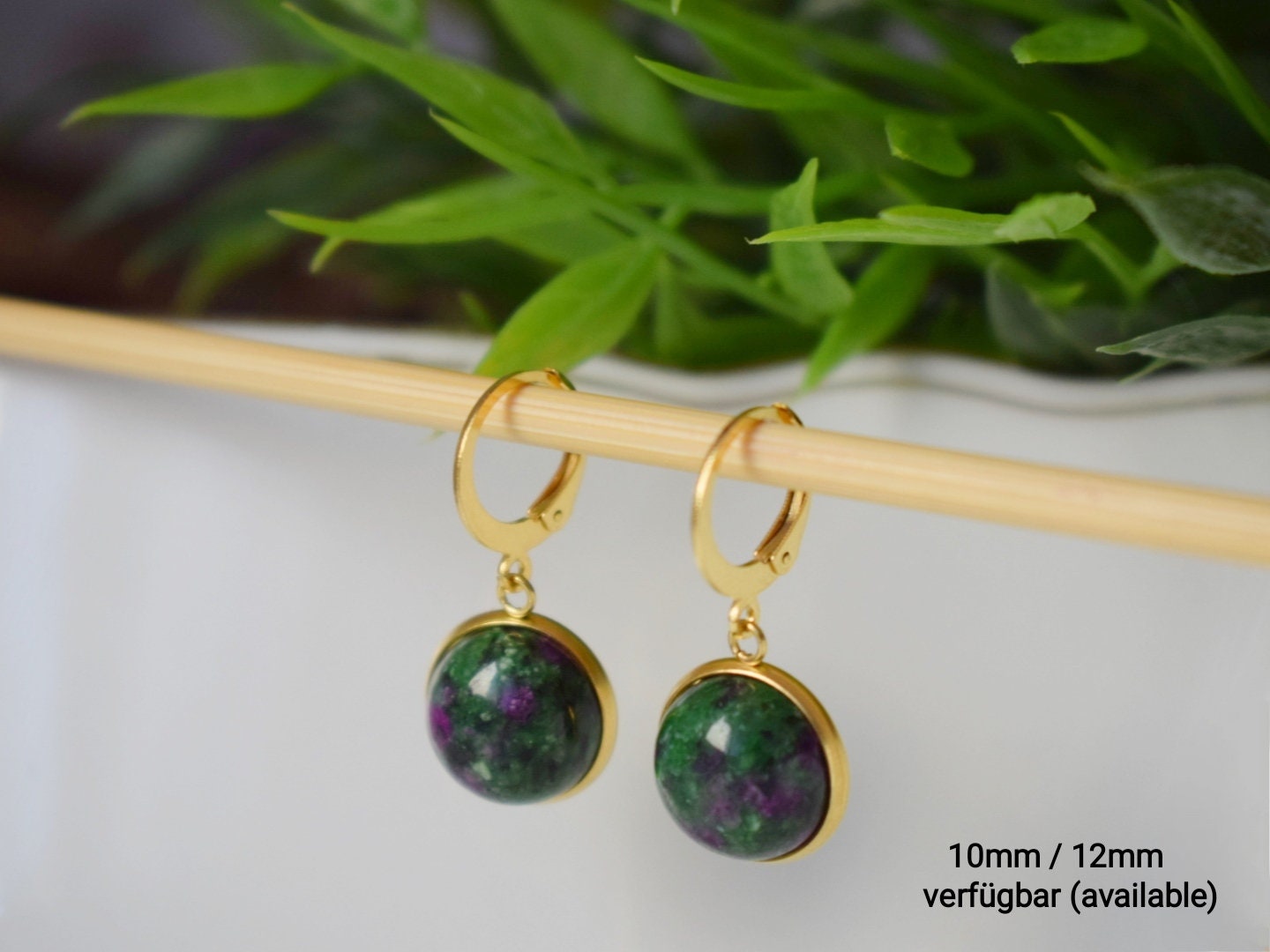 Small Ruby In Zoisite Gold Earrings, Gemstone Dangle Earrings, Lever back, Stone, Green, Pink, 8mm, Round, Ruby Fuchsite, Hanging earrings