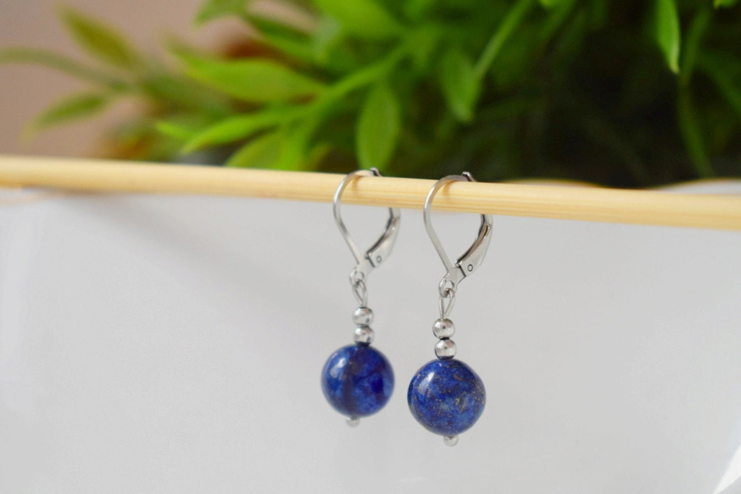 Earrings Lapis Lazuli Silver, Gemstone Blue Bead, Hoops, Lever Back, September Birthstone, Hanging ball stone earrings, Jewelry gift for her