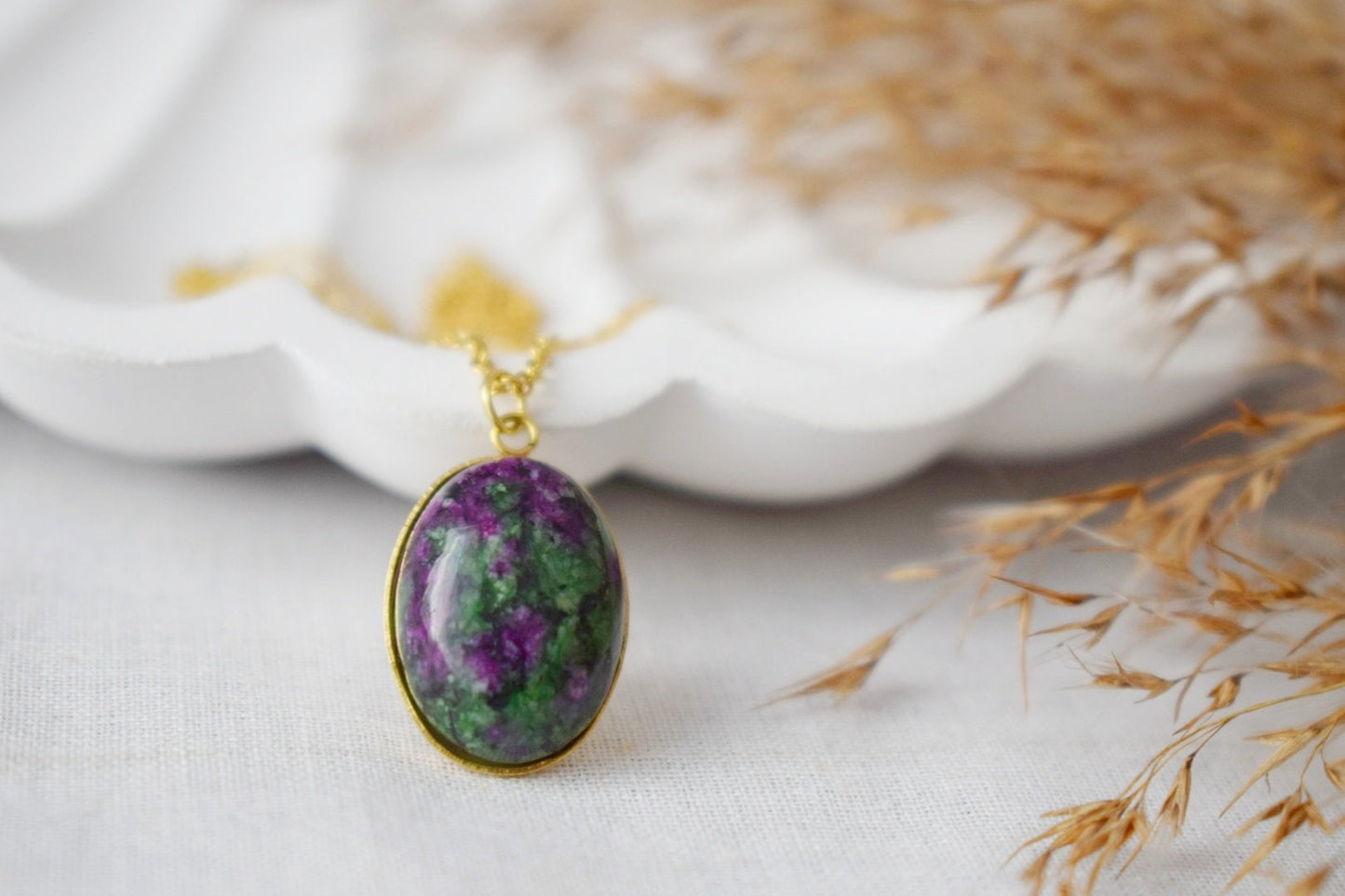 Ruby In Zoisite Gold Necklace Oval, Ruby Zoisite gemstone pendant, Green, Pink, Green stone, Ruby Fuchsite, Ruby in Zoisite Jewelry, Gift