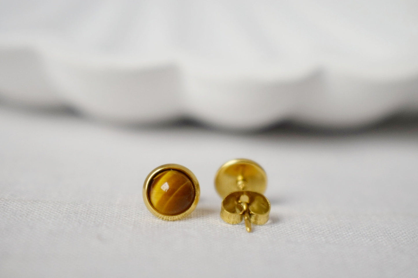 Mini Tiger Eye Stud Earrings, 18k Gold Plated Gemstone 6mm Stud Earrings, Small Brown Stone, Minimalist Tigers Eye Chakra Jewelry, Gift Her
