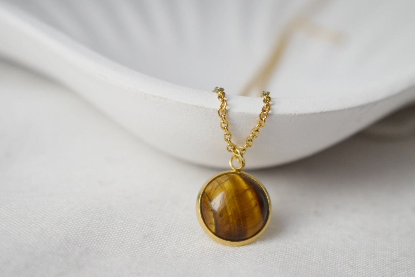 Tiger Eye Necklace Gold With Pendant For Women, Gemstone, Tigers Eye Jewelry, Round, Cabochon, Stainless Steel, Stone Necklace, Gift For Her