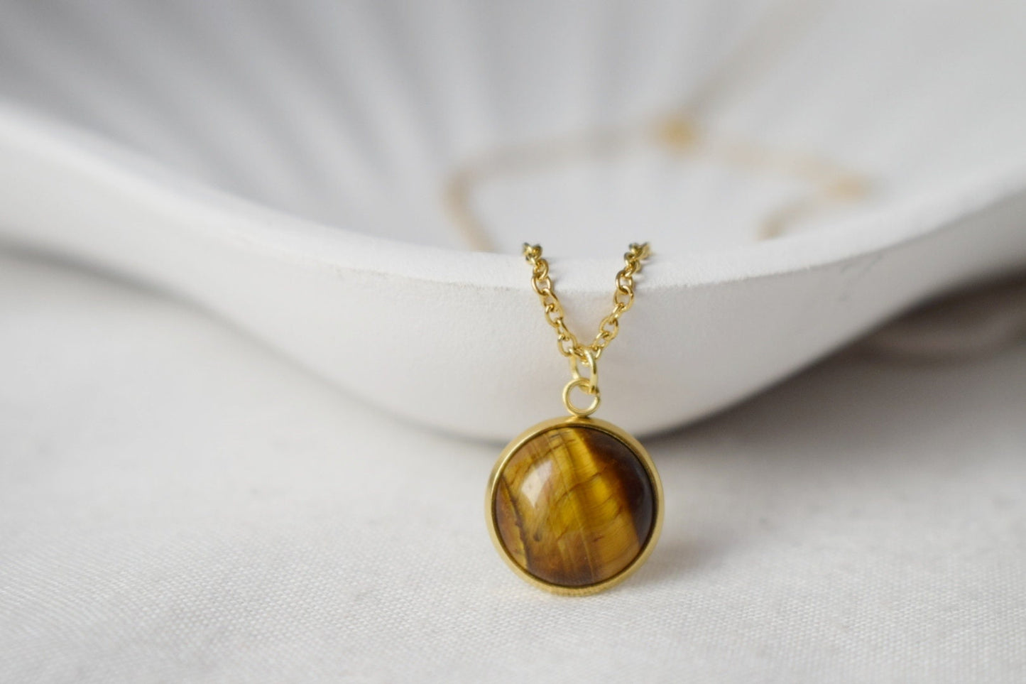 Tiger Eye Necklace Gold With Pendant For Women, Gemstone, Tigers Eye Jewelry, Round, Cabochon, Stainless Steel, Stone Necklace, Gift For Her