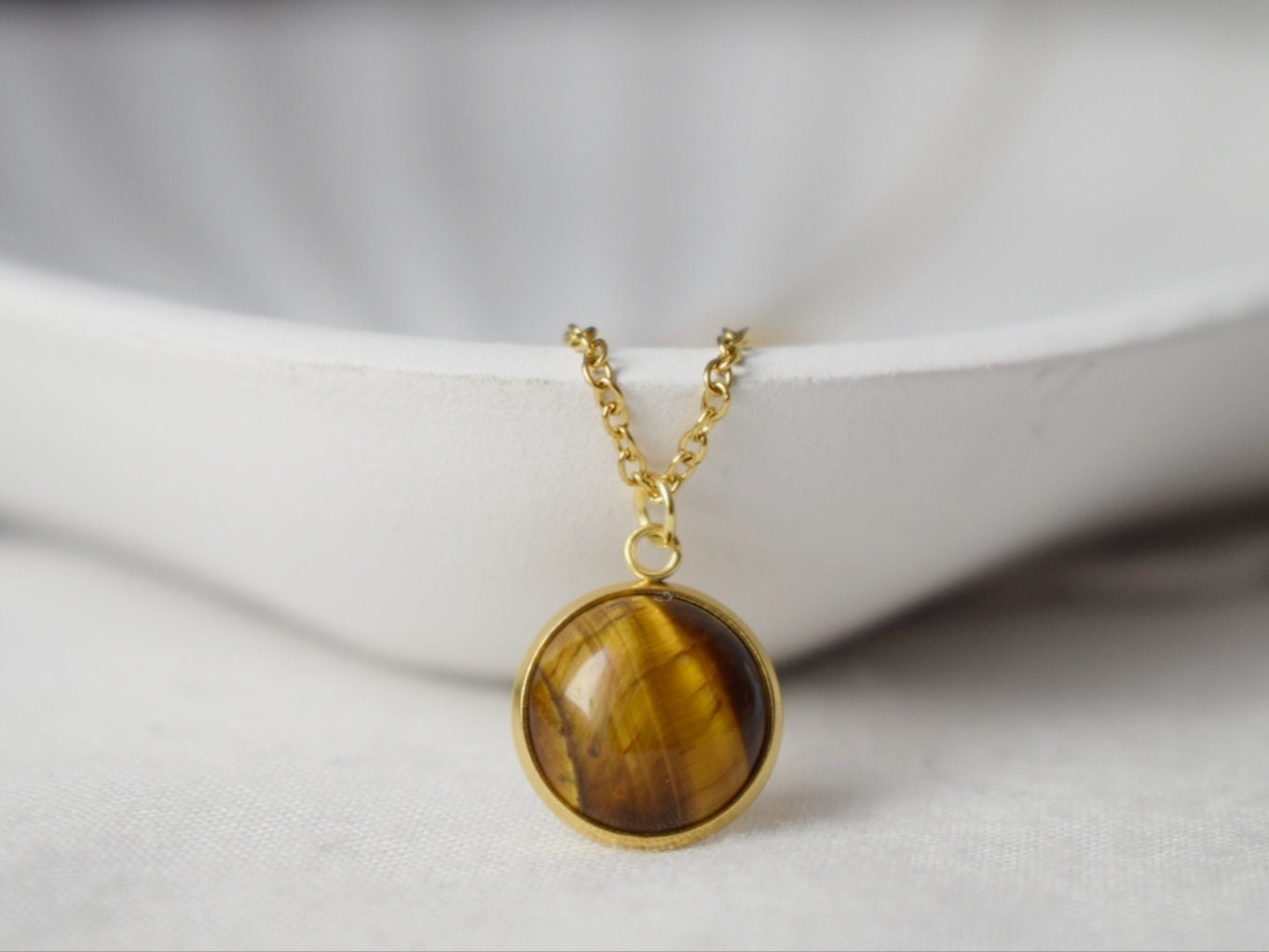 Tiger Eye Necklace Gold With Pendant For Women, Gemstone, Tigers Eye Jewelry, Round, Cabochon, Stainless Steel, Stone Necklace, Gift For Her
