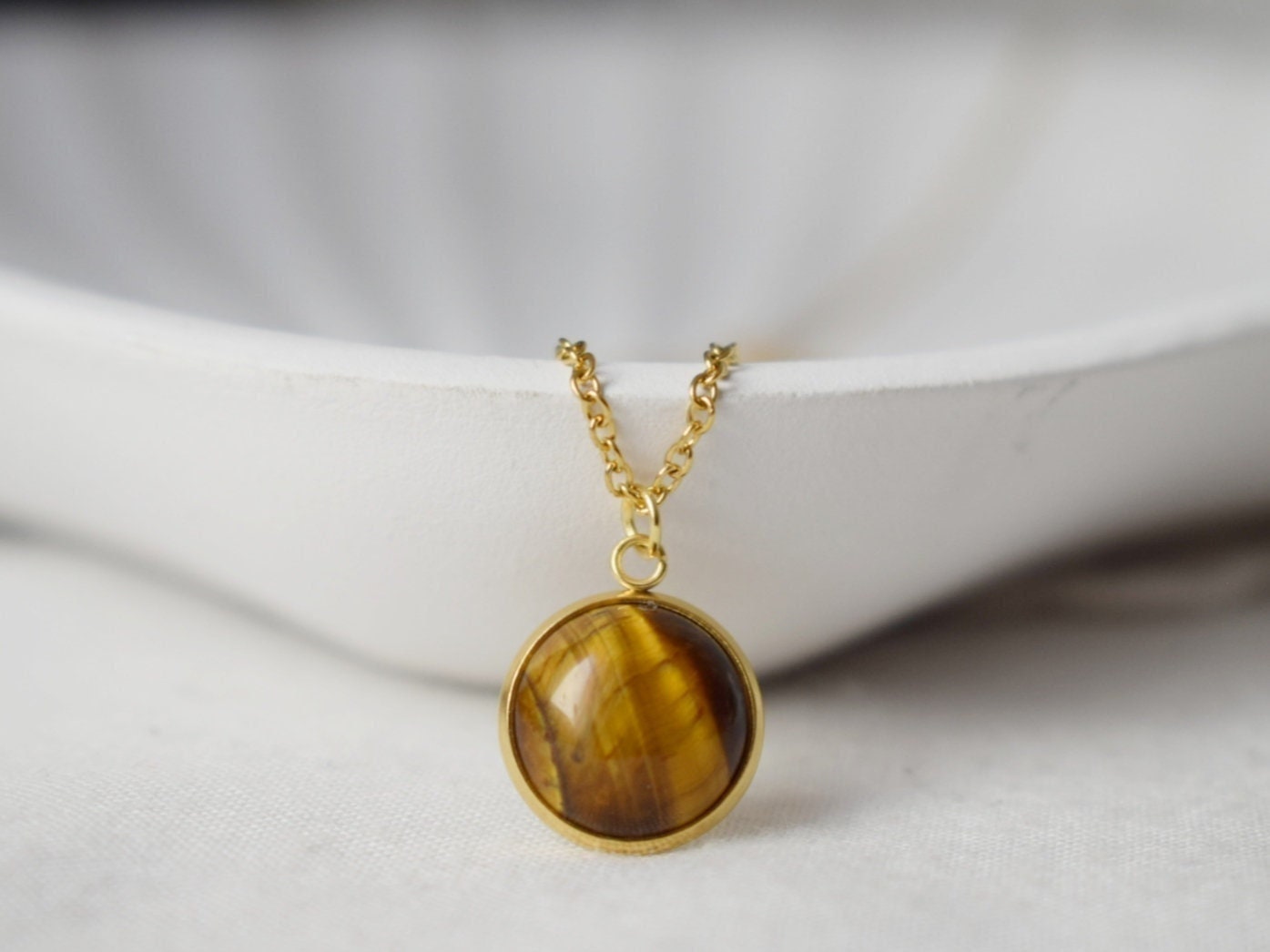 Tiger Eye Necklace Gold With Pendant For Women, Gemstone, Tigers Eye Jewelry, Round, Cabochon, Stainless Steel, Stone Necklace, Gift For Her