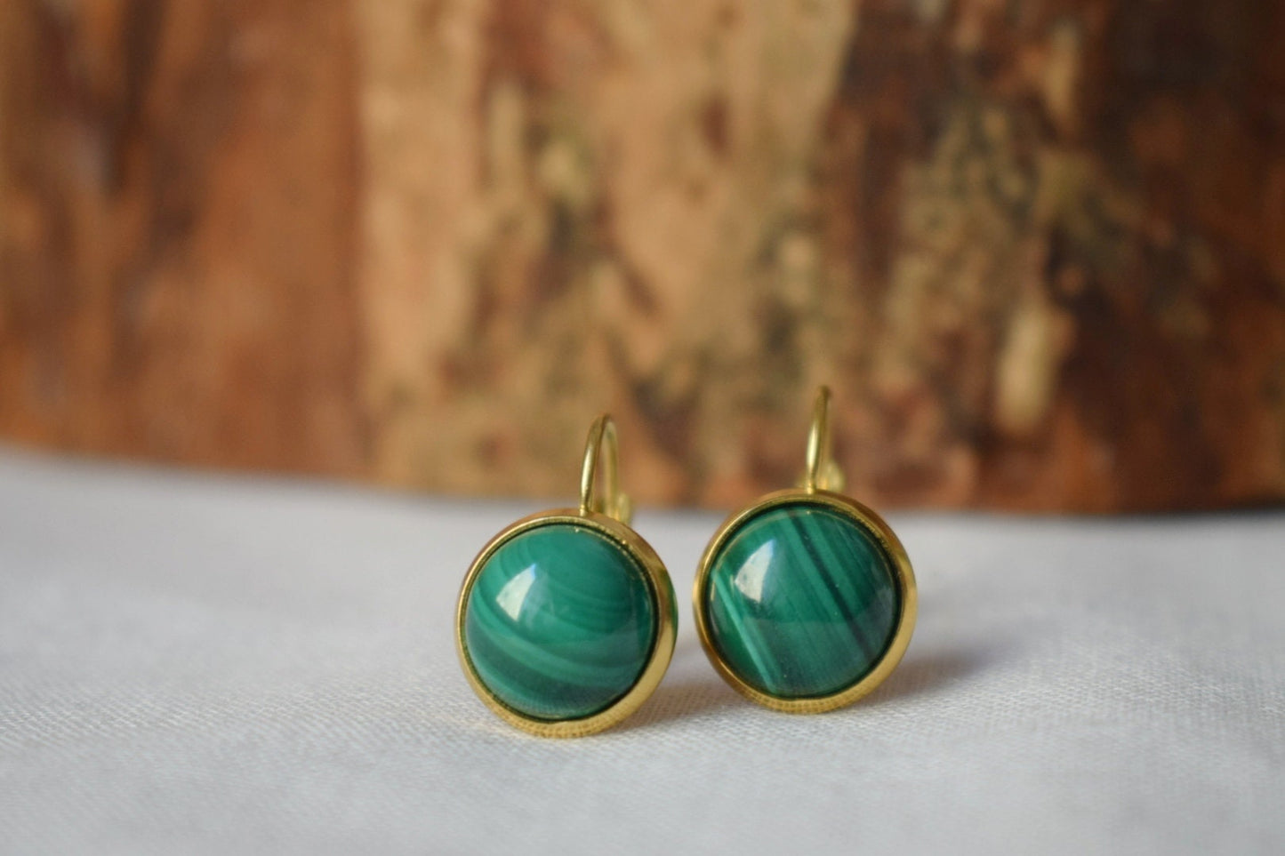 Natural Malachite Earrings Gold, 10mm Dangle Earrings, Small, Minimalist, Green Gemstone, Lever back, Malachite Jewelry, Birthstone Earrings