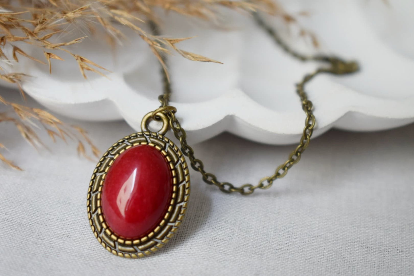 Red Jade Oval Necklace For Women, Mother's day gift, Gemstone Vintage Necklace, Stone Pendant, Boho Handmade Jade Jewelry, Gift For Her