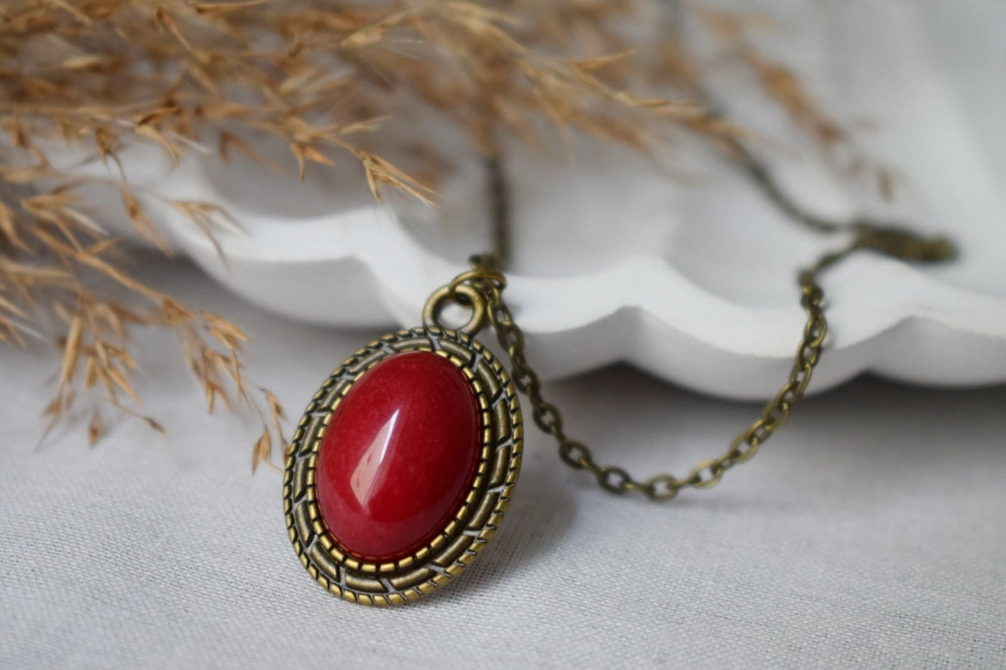 Red Jade Oval Necklace For Women, Mother's day gift, Gemstone Vintage Necklace, Stone Pendant, Boho Handmade Jade Jewelry, Gift For Her