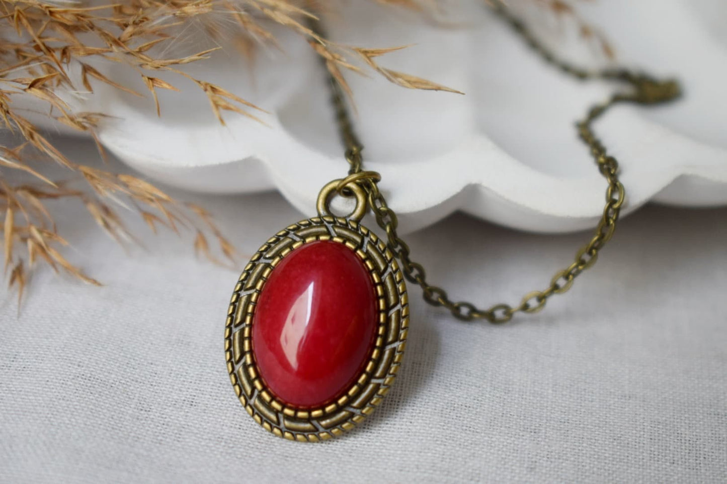 Red Jade Oval Necklace For Women, Mother's day gift, Gemstone Vintage Necklace, Stone Pendant, Boho Handmade Jade Jewelry, Gift For Her