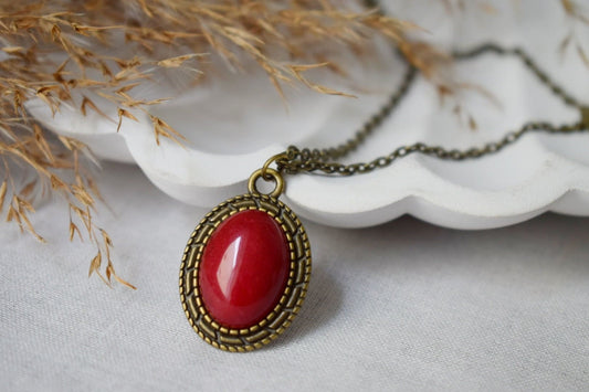 Red Jade Oval Necklace For Women, Christmas gift, Gemstone Vintage Necklace, Stone Pendant, Boho Handmade Jade Jewelry, Gift For Her