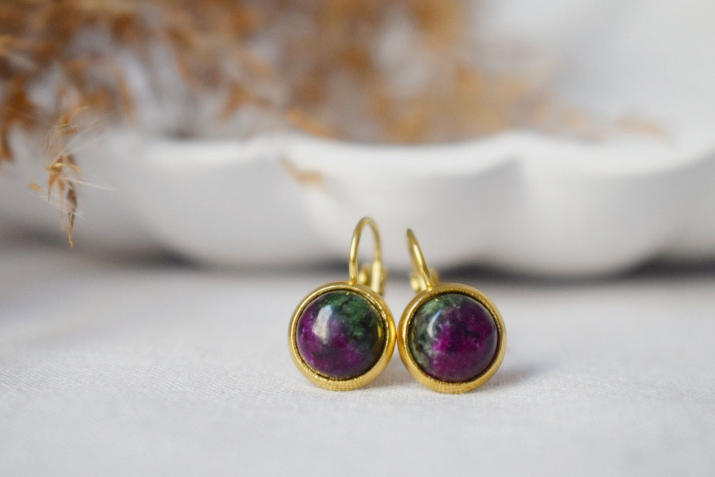 Small Ruby In Zoisite Gold Earrings, Gemstone Dangle Earrings, Lever back, Stone, Green, Pink, 8mm, Round, Ruby Fuchsite, Hanging earrings