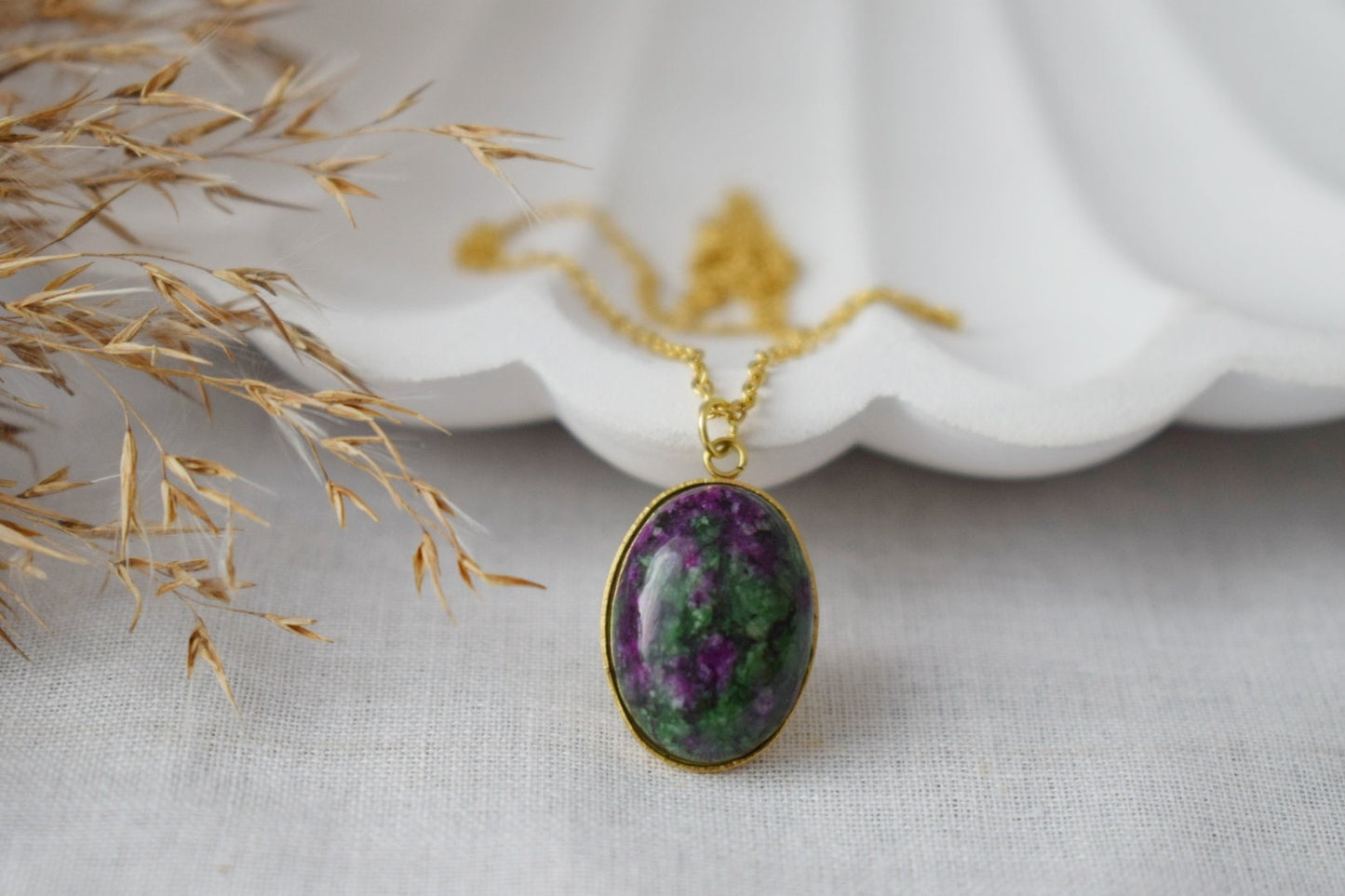 Ruby In Zoisite Gold Necklace Oval, Ruby Zoisite gemstone pendant, Green, Pink, Green stone, Ruby Fuchsite, Ruby in Zoisite Jewelry, Gift