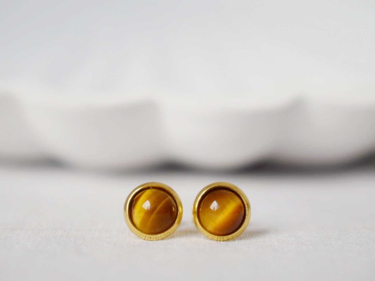 Mini Tiger Eye Stud Earrings, 18k Gold Plated Gemstone 6mm Stud Earrings, Small Brown Stone, Minimalist Tigers Eye Chakra Jewelry, Gift Her