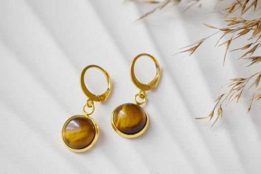 Tiger eye dangle earrings golden, Huggie gemstone hoops, Brown natural stone, Tiger's eye, Round, Lever back, 12mm, Jewelry gift for her