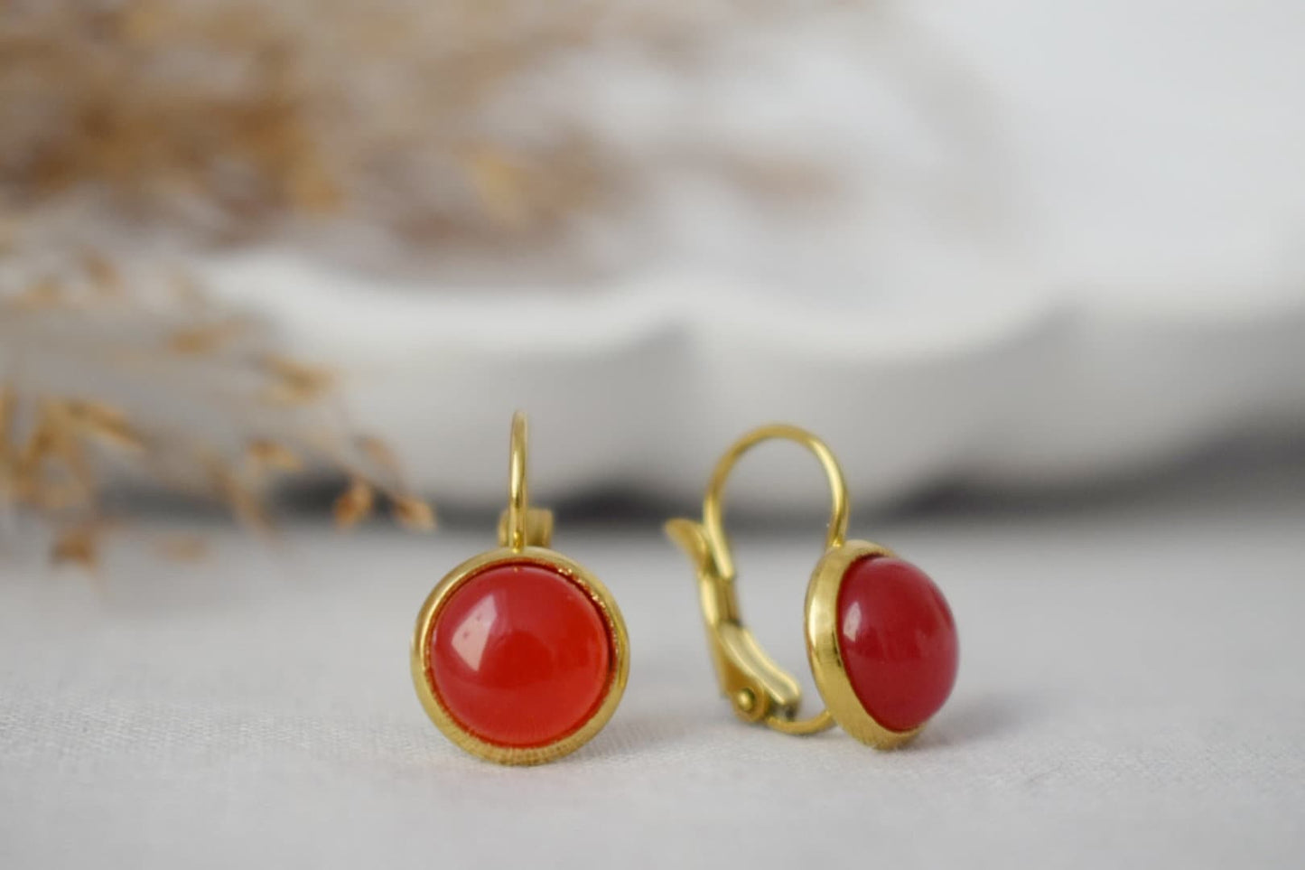 Small Red Jade Dangle Earrings, Gemstone Hanging Earrings, Stainless Steel, Red Stone Earrings, Jade Jewelry, Christmas Gift for Her