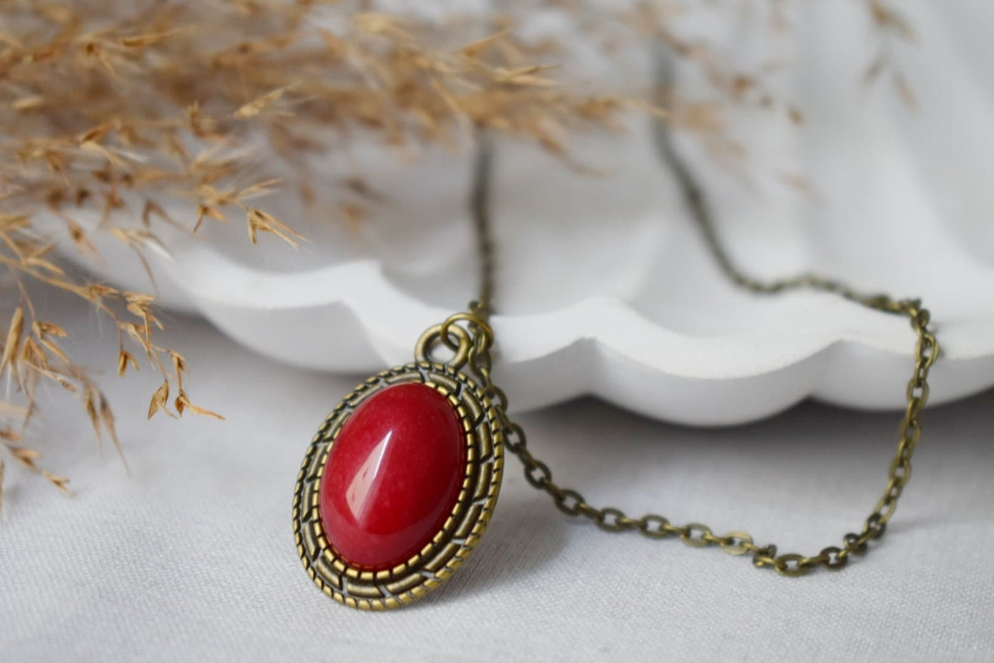 Red Jade Oval Necklace For Women, Mother's day gift, Gemstone Vintage Necklace, Stone Pendant, Boho Handmade Jade Jewelry, Gift For Her