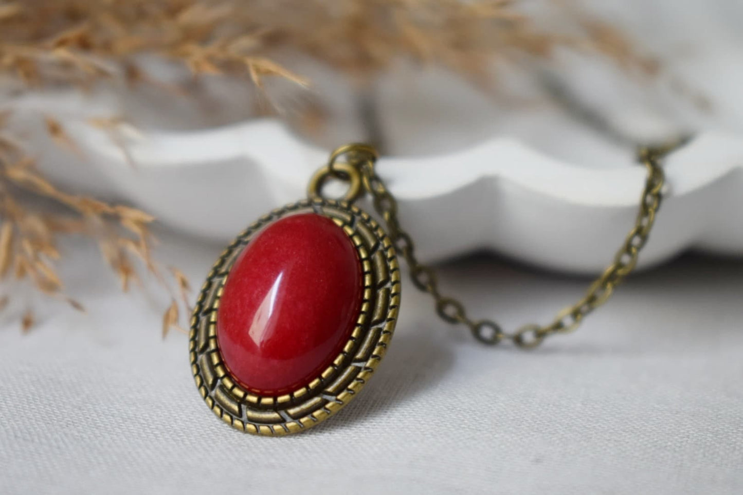 Red Jade Oval Necklace For Women, Mother's day gift, Gemstone Vintage Necklace, Stone Pendant, Boho Handmade Jade Jewelry, Gift For Her