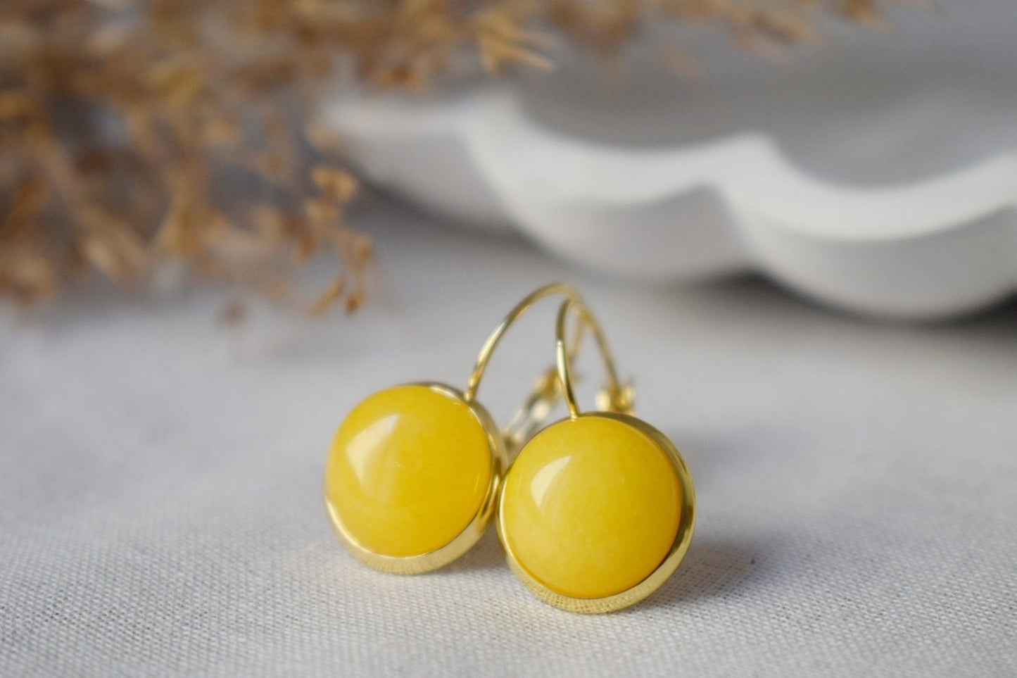 Yellow jade earrings gold, Gemstone drop and dangle earrings, Yellow stone lever back earrings, Hanging earrings, Jewelry gift for women