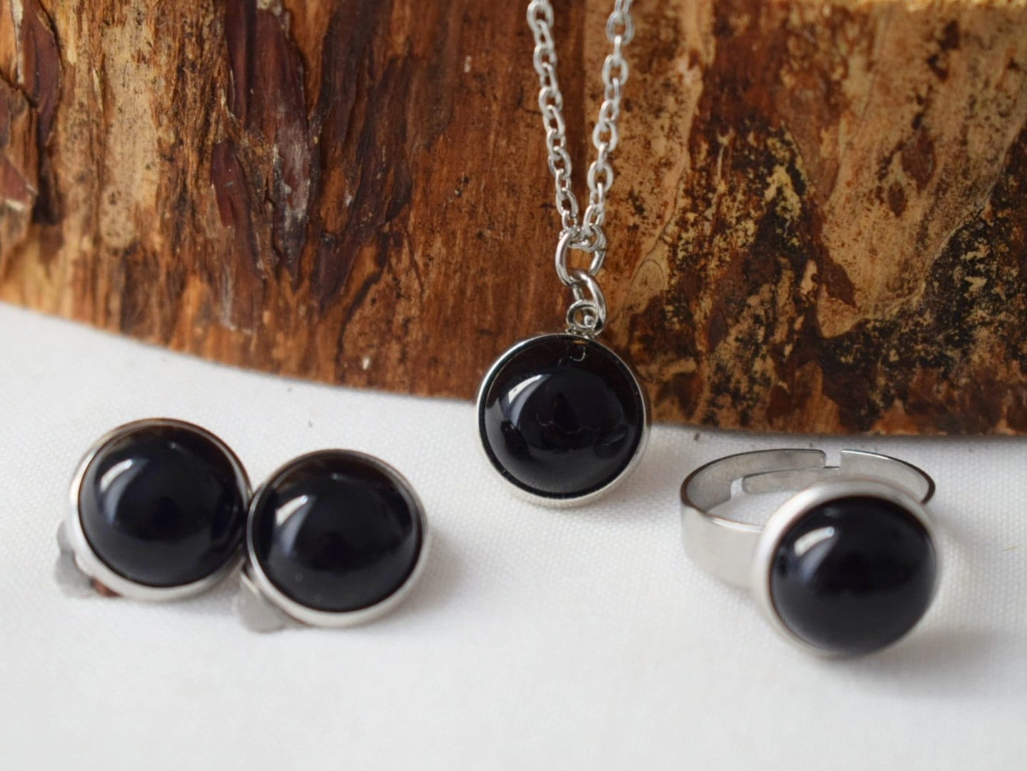 Black small clip on earrings, Black agate earrings silver, Gemstone ear clips, Stone, Stainless steel, Cabochon, non pierced earrings unisex