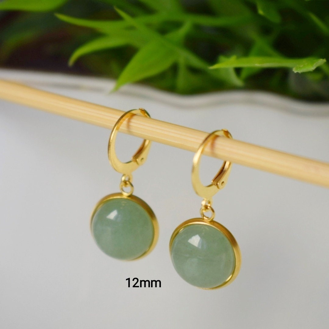 Aventurine huggie hoop earrings, Green gemstone dangle earrings, Birthstone round stainless steel pendant, Unisex jewelry gift
