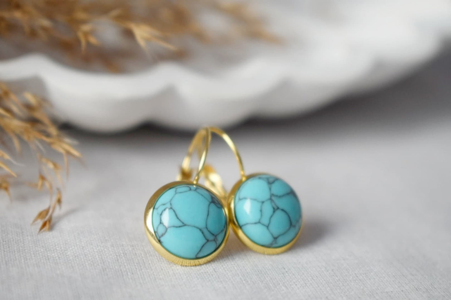 Turquoise earrings dangle, 18k gold plated stainless steel earrings, Round gemstone, Lightweight, Boho handmade jewelry, Gift For Her
