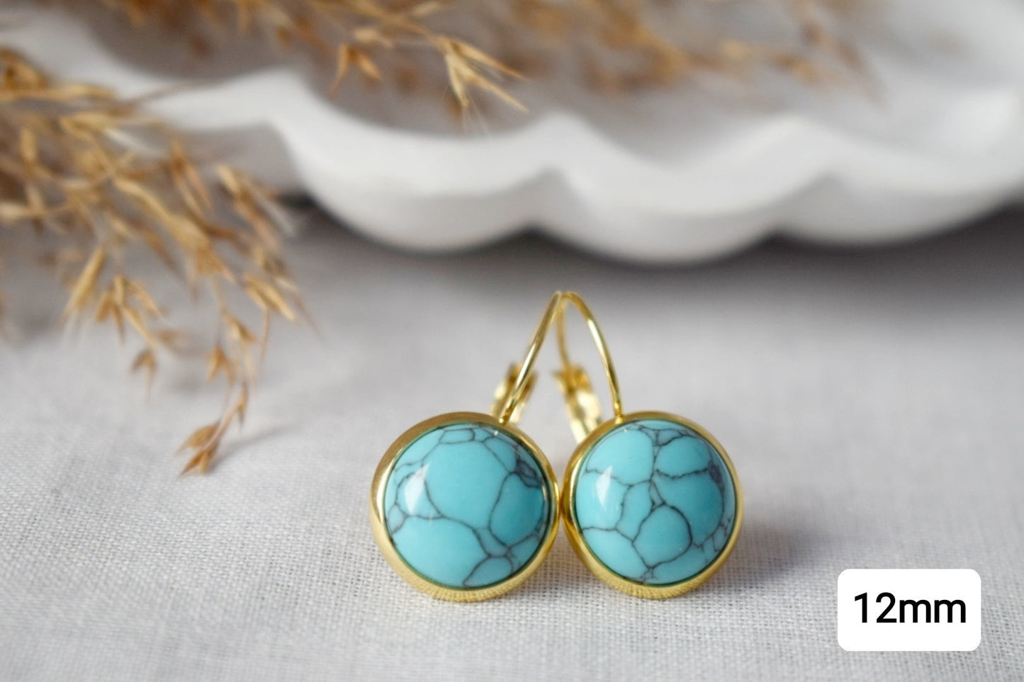 Turquoise earrings dangle, 18k gold plated stainless steel earrings, Round gemstone, Lightweight, Boho handmade jewelry, Gift For Her