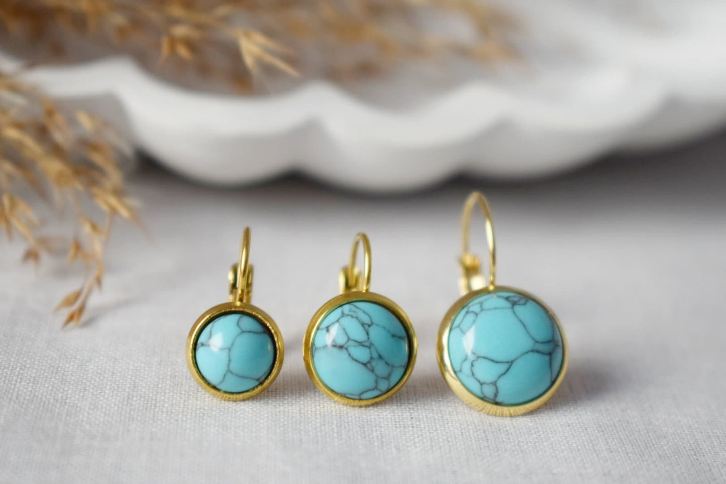 Turquoise earrings dangle, 18k gold plated stainless steel earrings, Round gemstone, Lightweight, Boho handmade jewelry, Gift For Her