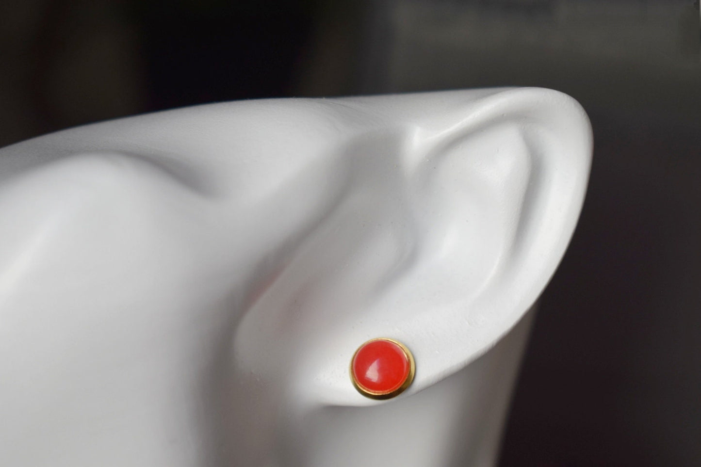 Red Jade Stud Earrings, 18k Gold Plated, 8mm Round Gemstone Earrings, Small Red Studs, Minimalist Jewelry, Birthday Anniversary Gift For Her