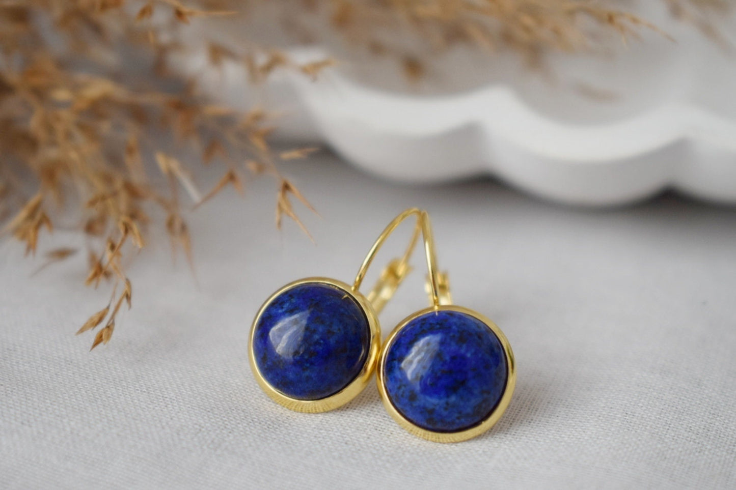 Lapis Lazuli Earrings Dangle, Huggie Blue Lapis Hanging Earrings, 24k Gold Plated, Round, 12mm, September Birthstone Jewelry, Gift for her