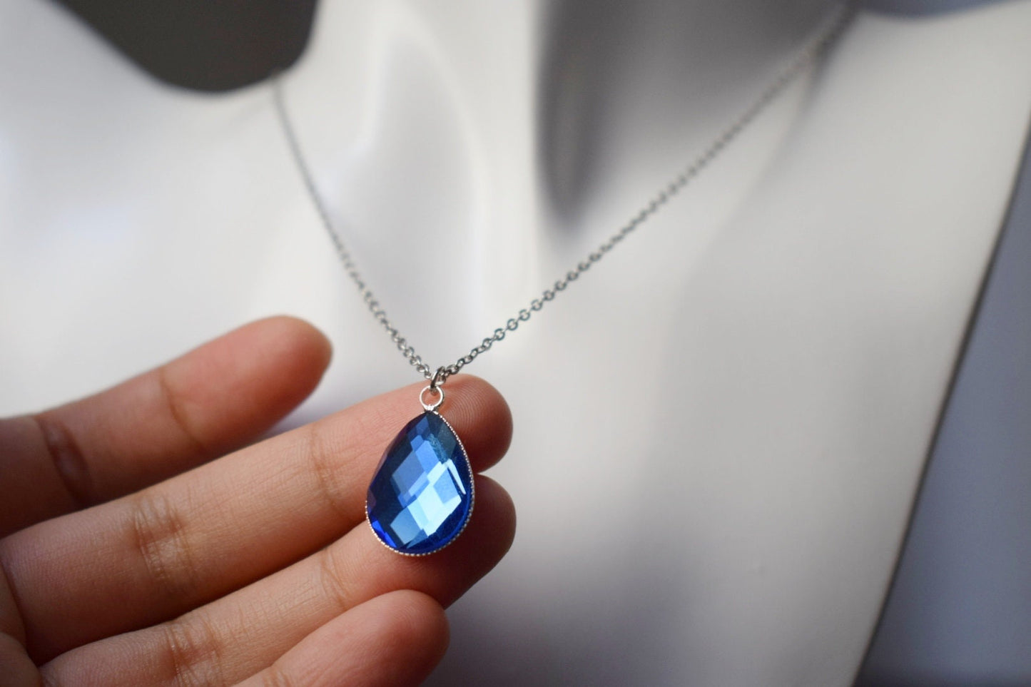 Blue teardrop glass necklace, Crystal glass drop pendant necklace for women, Stainless steel, Handmade jewelry, Gift for her