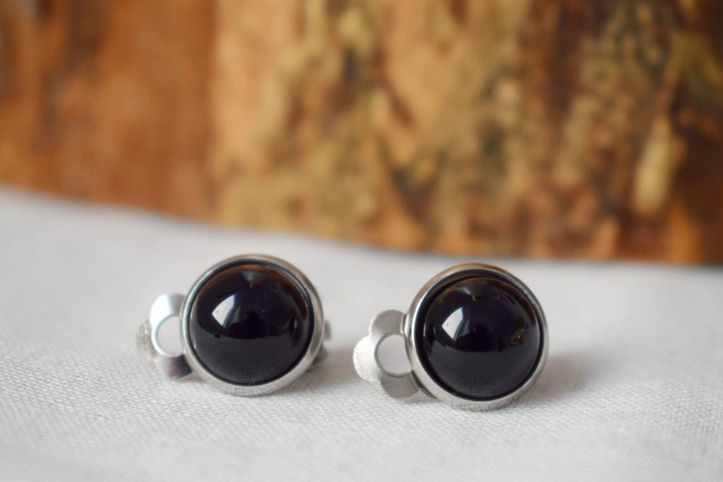 Black small clip on earrings, Black agate earrings silver, Gemstone ear clips, Stone, Stainless steel, Cabochon, non pierced earrings unisex