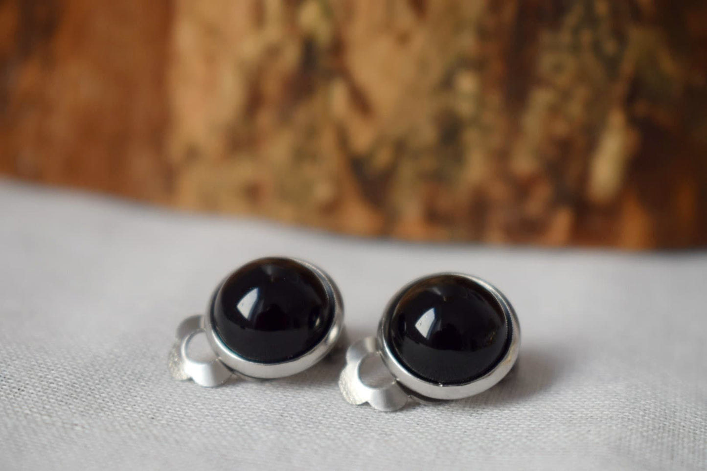 Black small clip on earrings, Black agate earrings silver, Gemstone ear clips, Stone, Stainless steel, Cabochon, non pierced earrings unisex